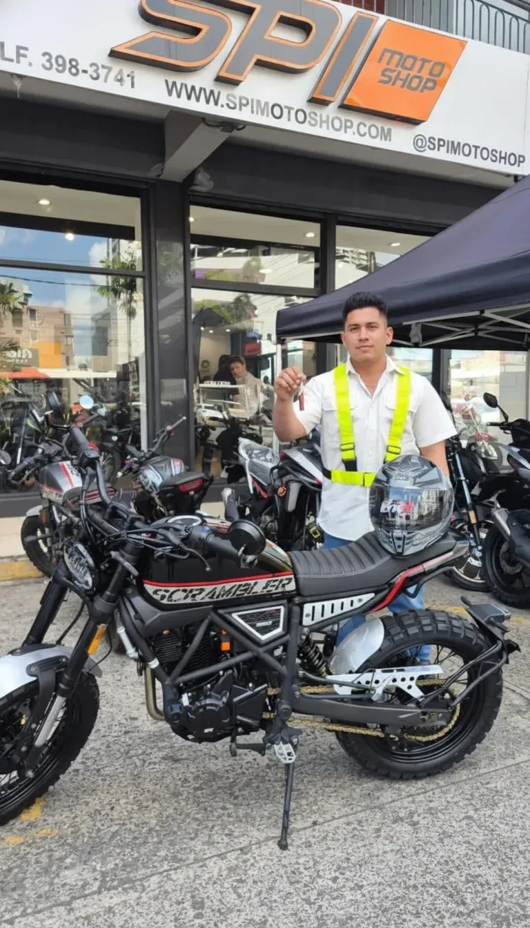 Cliente estrenando moto financiada con Gaital en Panamá