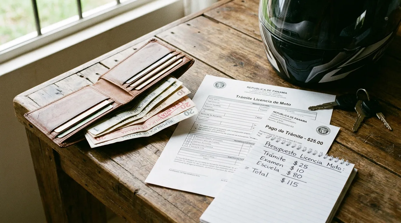 Billetera con billetes panameños sobre una mesa junto a documentos de trámite