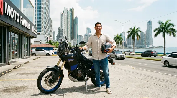 Joven panameño listo para salir en su moto nueva, casco en mano, frente a una concesionaria en Ciudad de Panamá