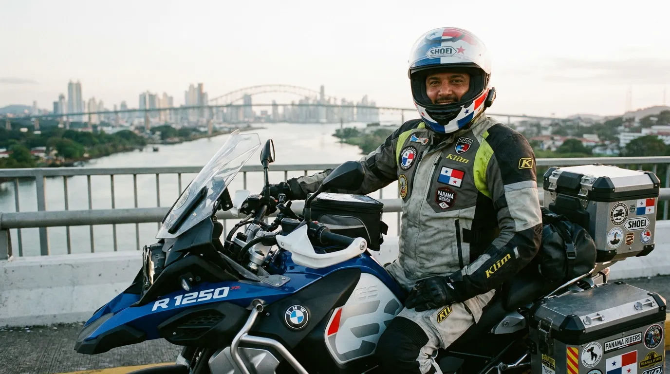 Motociclista panameño con casco y equipo de protección completo