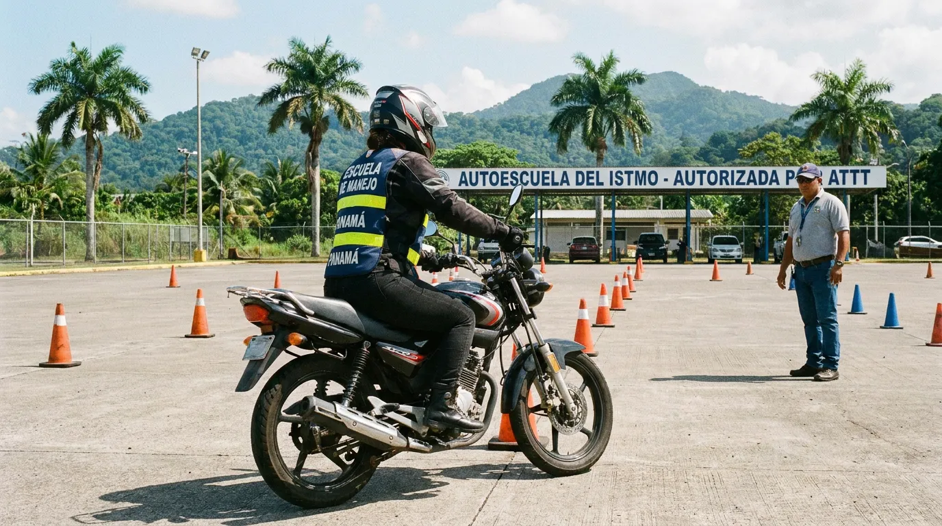 Estudiante practicando manejo de motocicleta en una escuela de conducción autorizada en Panamá