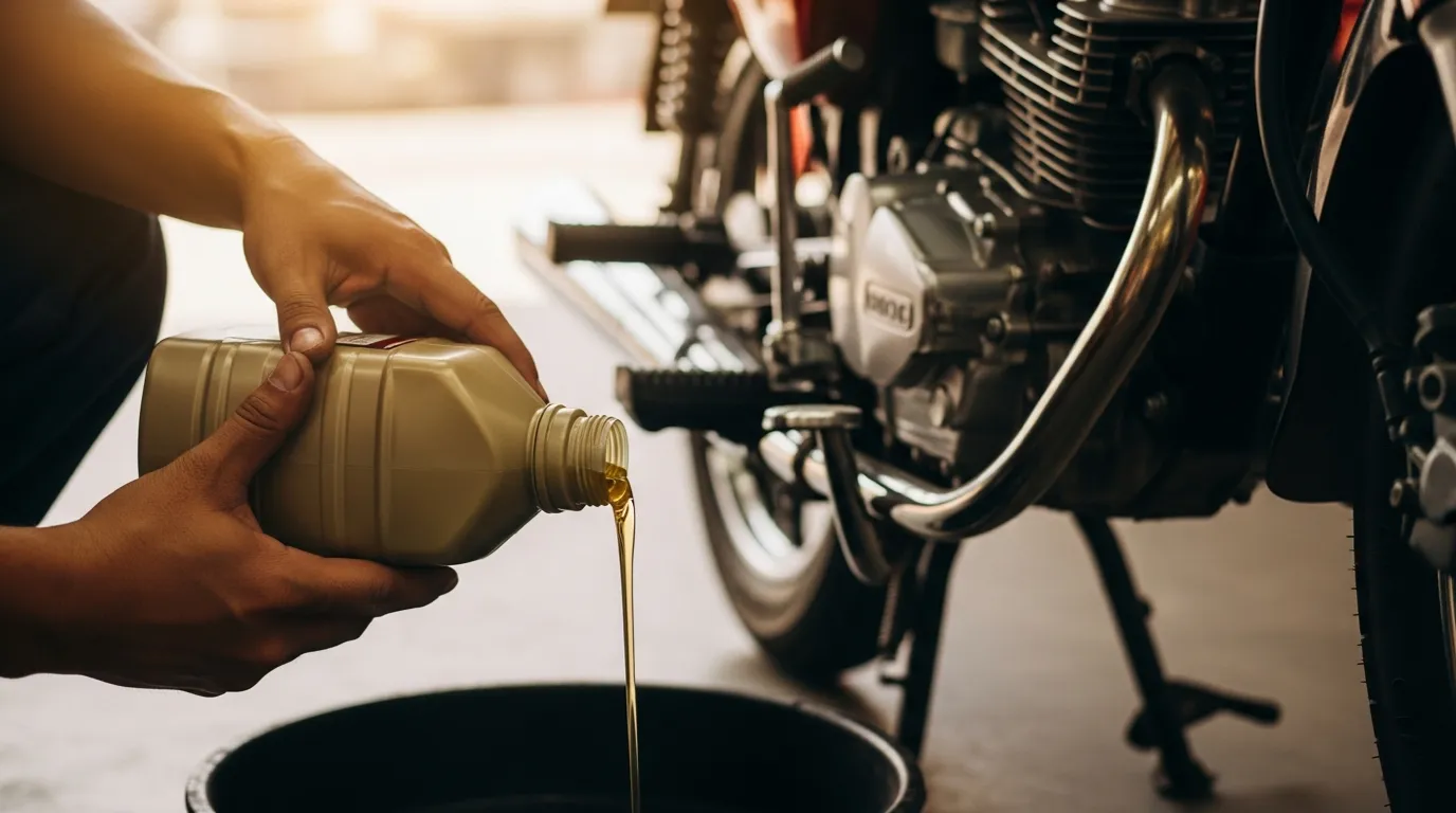 Cambio de aceite en proceso sobre una moto de baja cilindrada en un taller