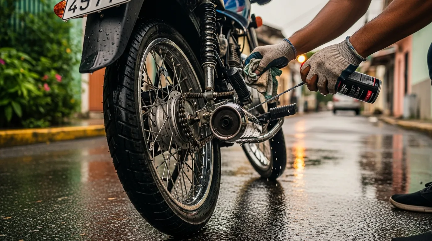 Motociclista lubricando la cadena de su moto en una calle mojada después de la lluvia en Panamá