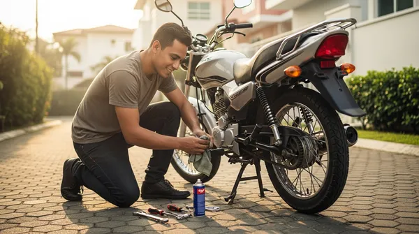Joven panameño revisando la cadena de su moto en la entrada de su casa en Ciudad de Panamá