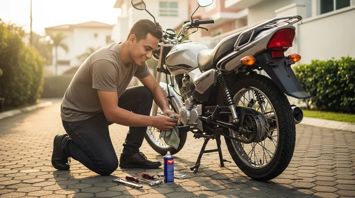 Joven panameño revisando la cadena de su moto en la entrada de su casa en Ciudad de Panamá