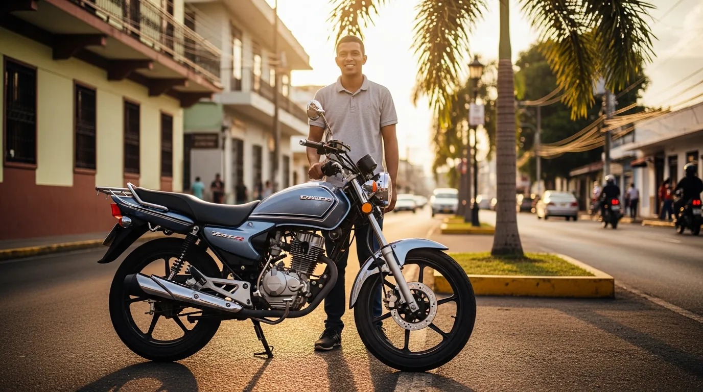 Moto de baja cilindrada limpia y bien cuidada junto a su dueño orgulloso en una calle de Ciudad de Panamá