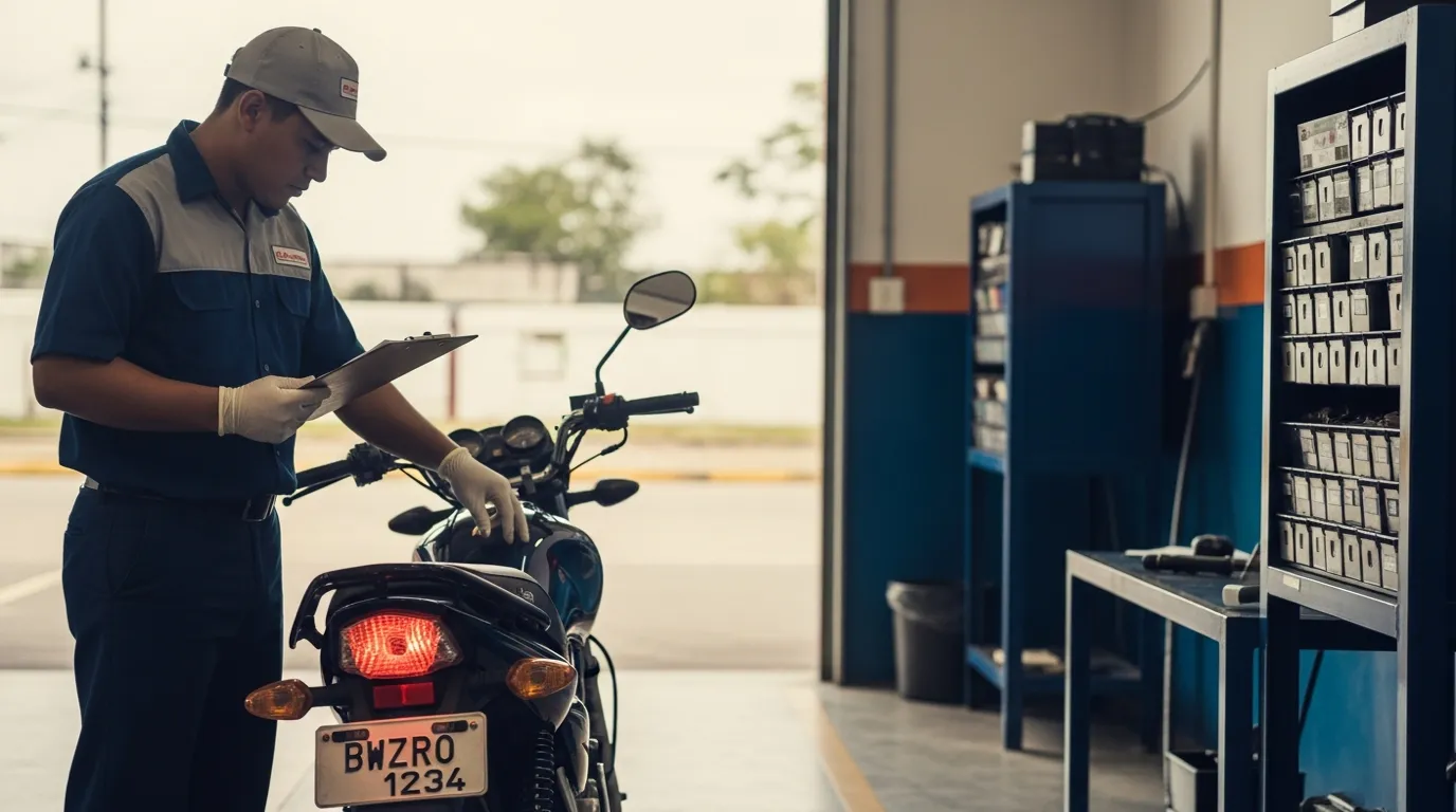 Técnico realizando la inspección técnica de una moto, revisando luces y frenos