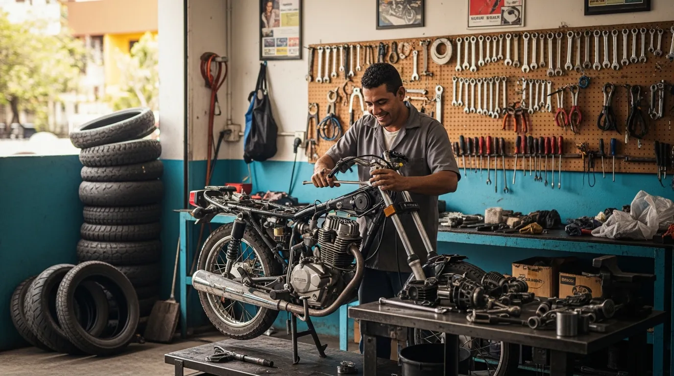 Mecánico panameño trabajando en una moto dentro de un taller local con herramientas en la pared