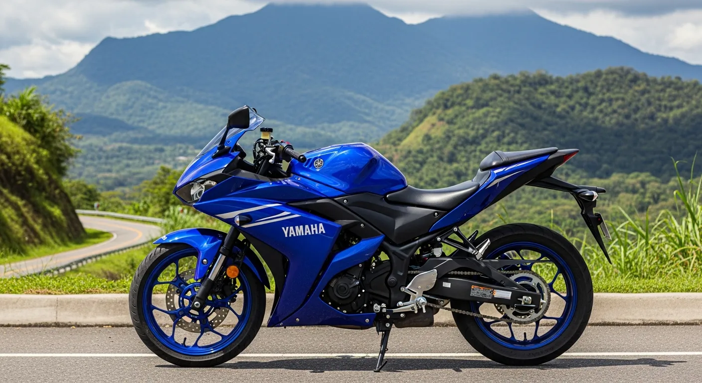Moto deportiva nueva en una carretera de montaña panameña, ilustrando la confiabilidad de un vehículo con garantía activa