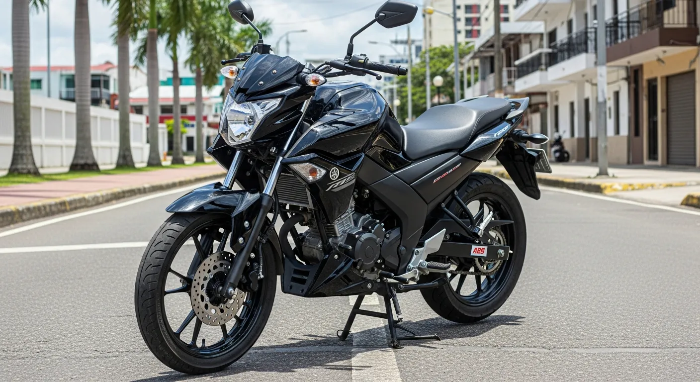 Moto naked nueva estacionada en una calle residencial de Panamá, con líneas limpias y acabado de fábrica