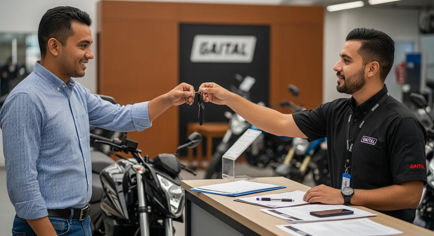 Cliente recibiendo las llaves de su moto nueva de manos de un asesor en una concesionaria Gaital en Panamá