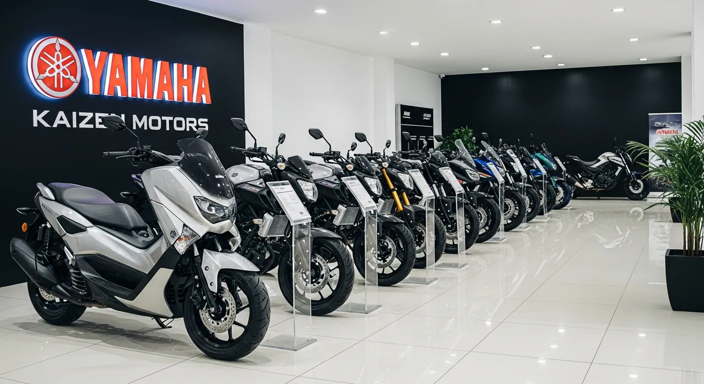 Showroom de motos nuevas en una concesionaria panameña, con una fila de modelos en exhibición listos para entrega