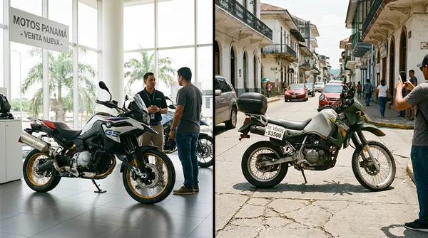 Comparativa lado a lado de una moto nueva en una concesionaria panameña y una moto usada en venta en una calle de Casco Viejo