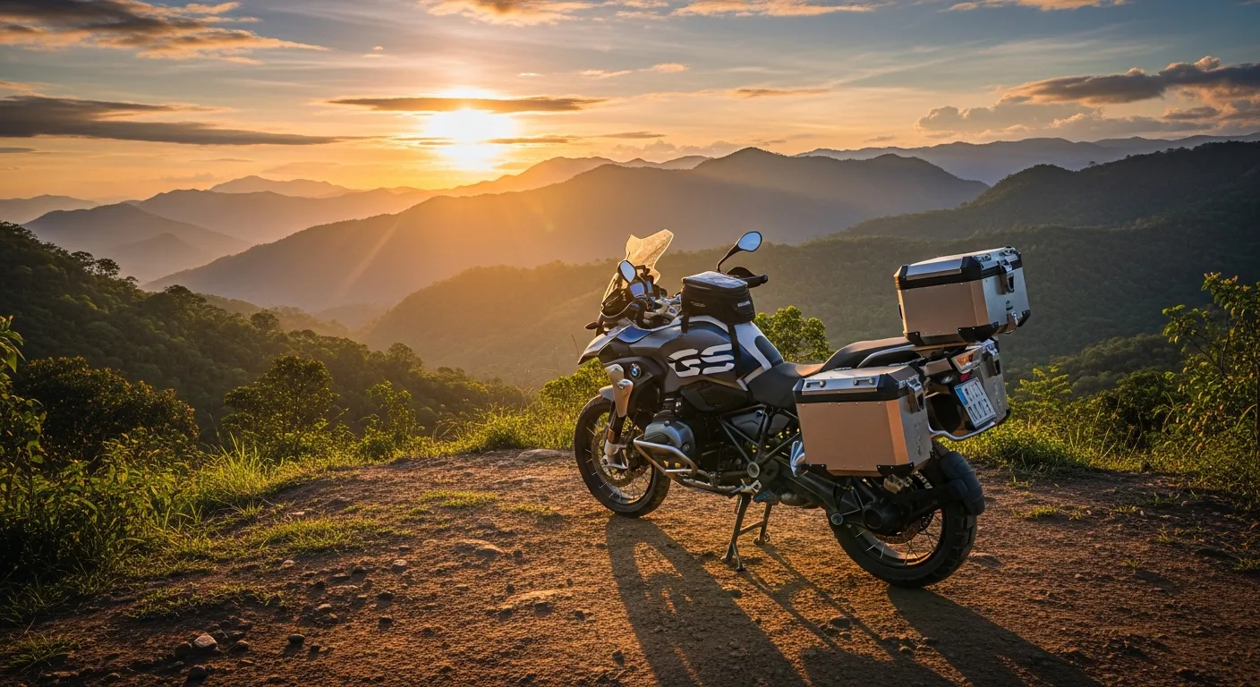 Moto adventure estacionada en un mirador de montaña al atardecer en Panamá, representando al motociclista que recorre largas distancias