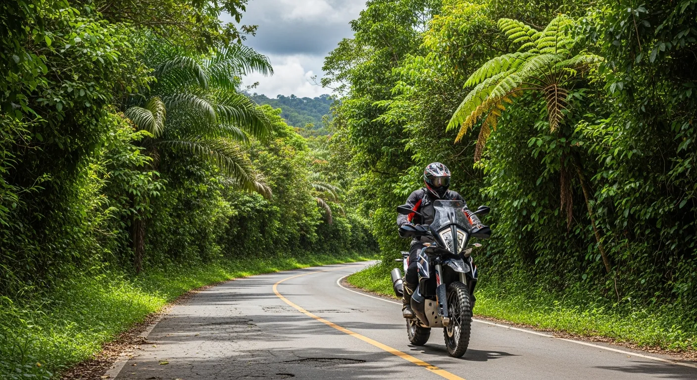 Motociclista equipado circulando por una carretera tropical de Panamá