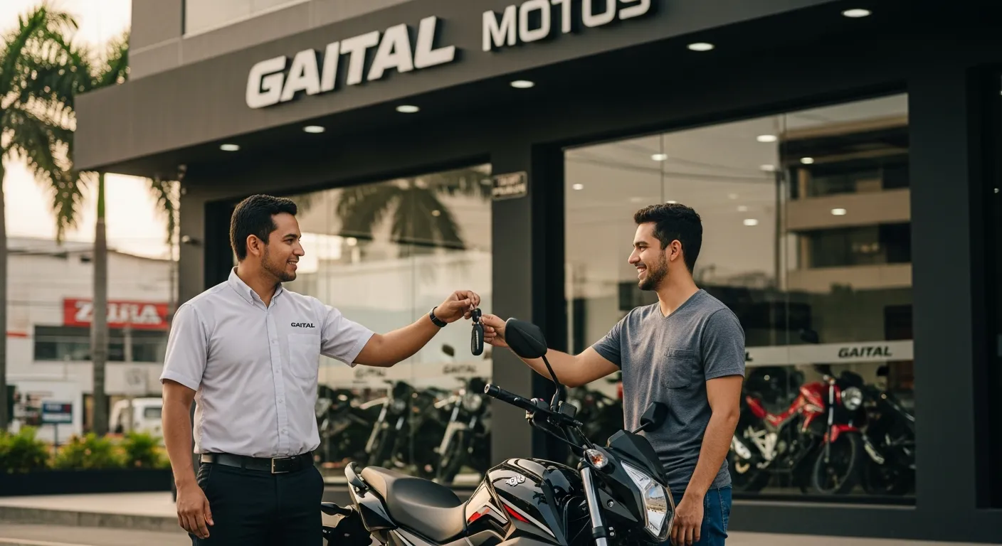 Cliente recibiendo las llaves de su moto frente a la concesionaria Gaital Motos en Panamá