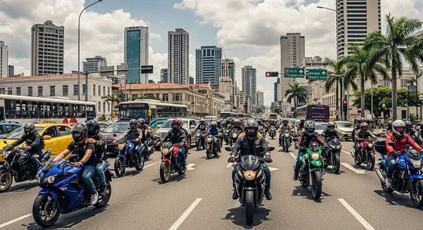 Grupo de motociclistas circulando por una avenida de Ciudad de Panamá con el skyline de fondo