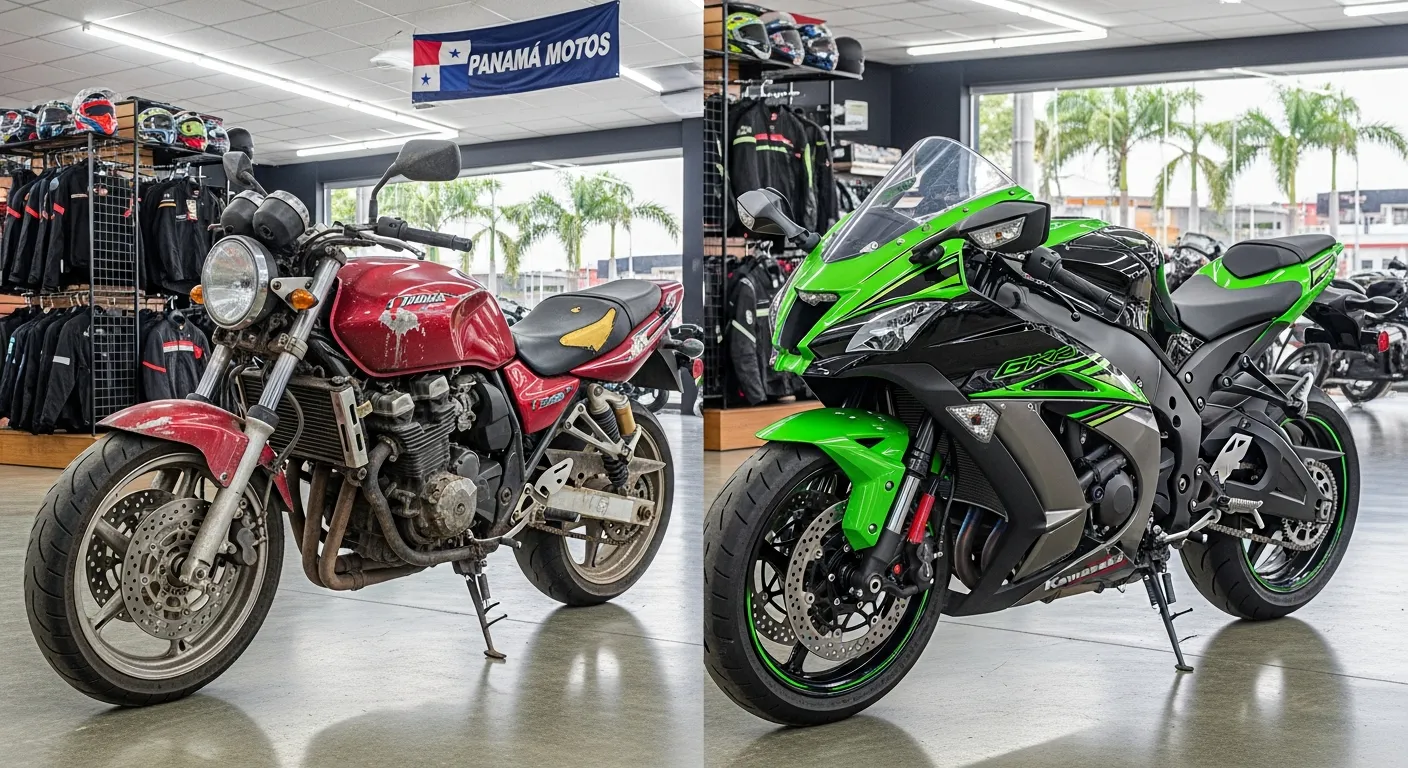 Dos motos de distinto tipo y valor exhibidas en una concesionaria panameña, ilustrando cómo el modelo influye en el costo del seguro