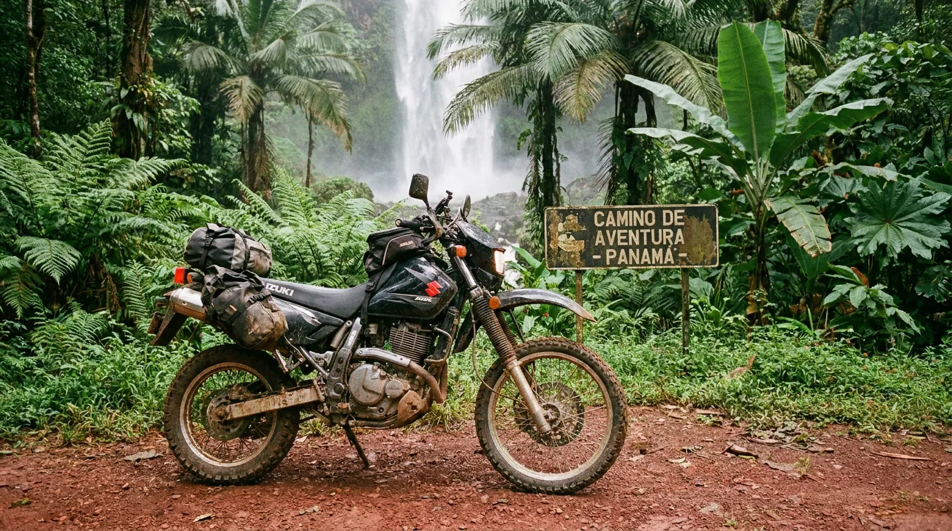 Suzuki DR650 negra en un camino de tierra con vegetación tropical panameña al fondo, capturando el espíritu aventurero y la capacidad off-road de la línea DR de Suzuki