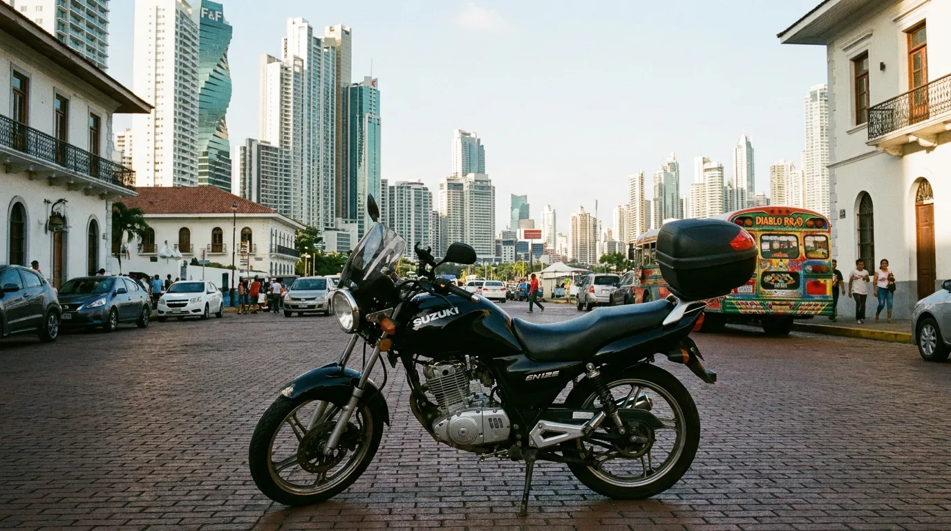 Suzuki EN125 negra estacionada en una calle de Ciudad de Panamá, con edificios al fondo, mostrando su diseño compacto y funcional para el uso urbano diario
