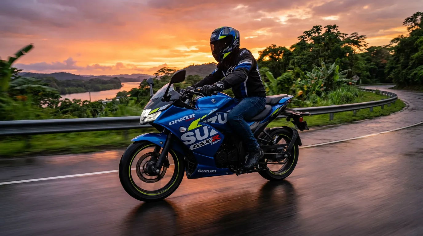 Suzuki Gixxer 150 azul y negra de perfil, con una carretera panameña al atardecer de fondo, capturando el espíritu sport inspirado en la serie GSX-R de Suzuki