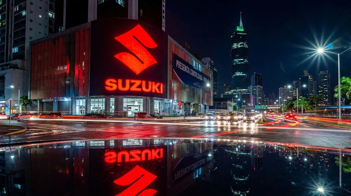 Logo de Suzuki sobre un fondo urbano nocturno de Ciudad de Panamá, reflejando la presencia consolidada de la marca en el mercado panameño