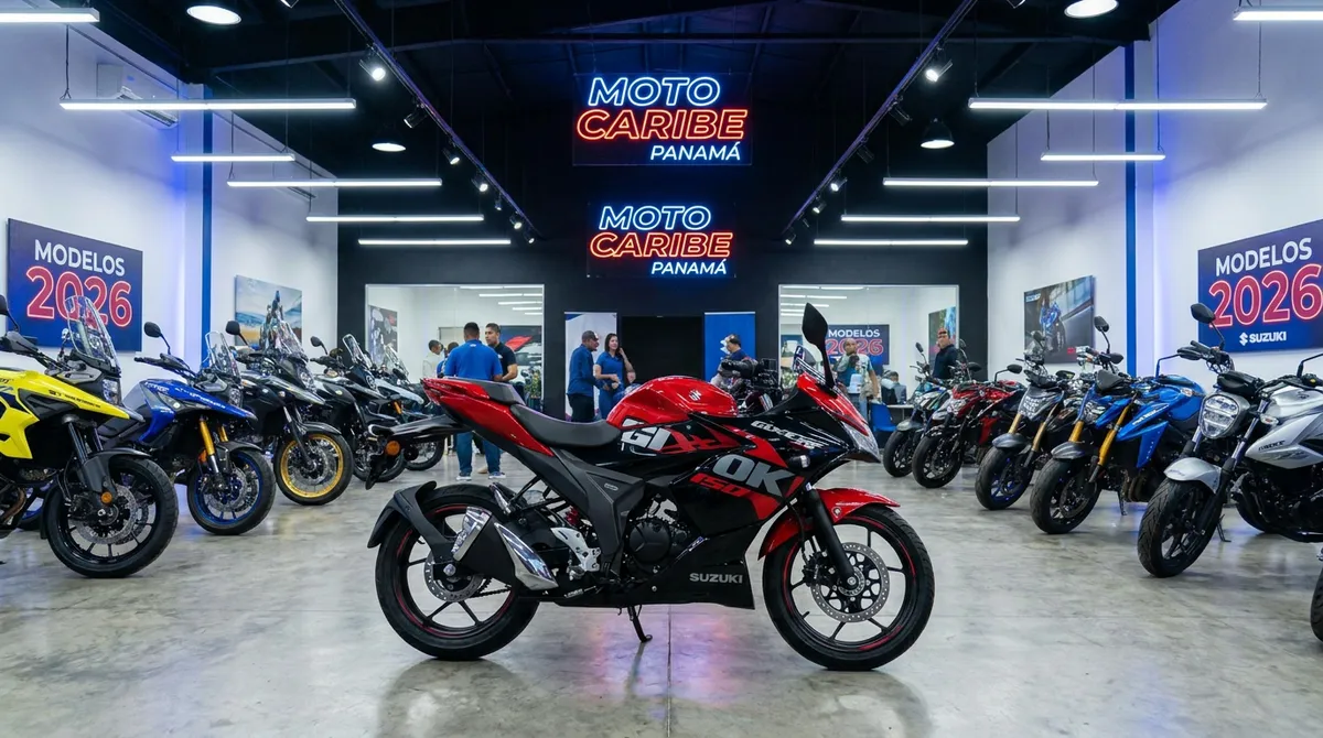 Moto Suzuki Gixxer 150 roja y negra exhibida en la concesionaria Moto Caribe en Panamá, con el catálogo 2026 al fondo