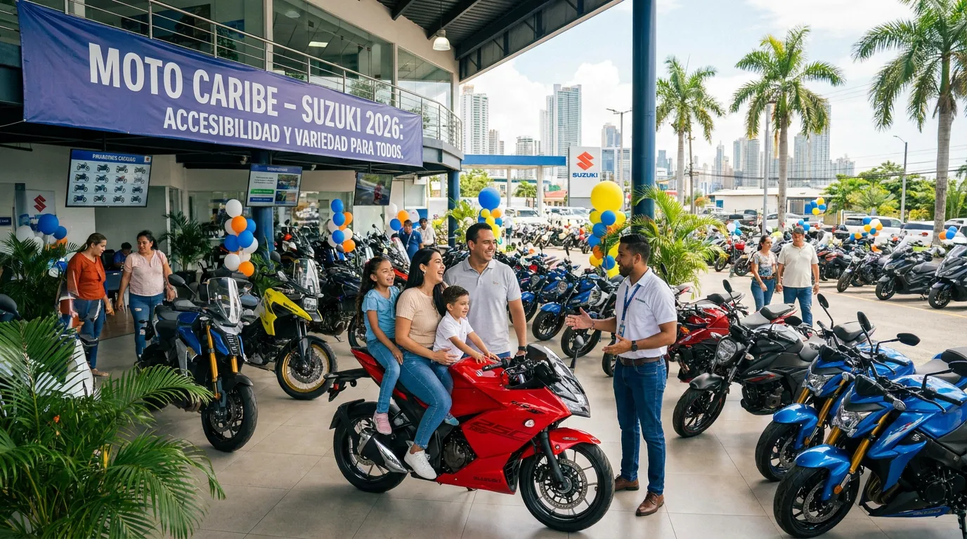 Panorámica de la concesionaria Moto Caribe con motos Suzuki en exhibición y una familia panameña seleccionando su moto nueva