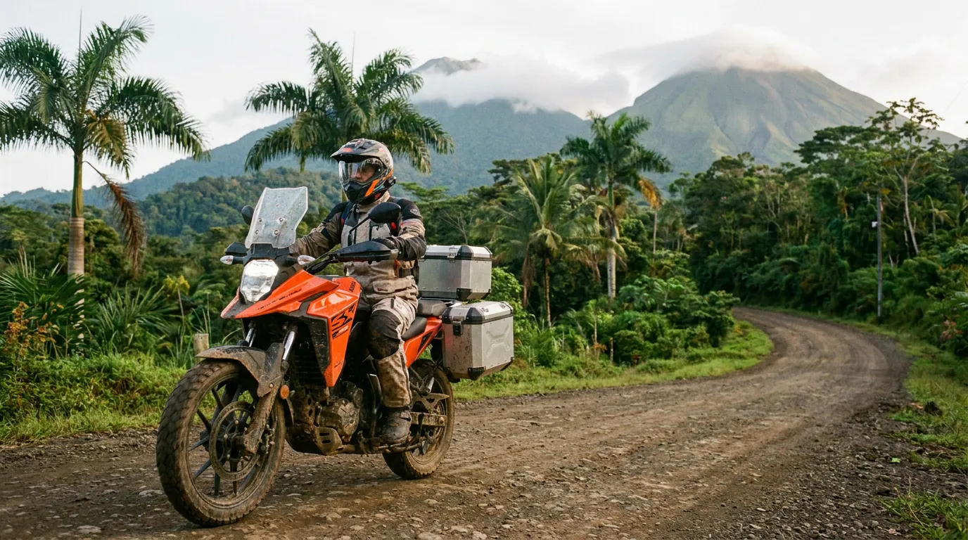 Suzuki V-Strom 250 SX naranja en una carretera de montaña con paisaje tropical panameño al fondo, mostrando su capacidad adventure y su diseño inspirado en la leyenda DR-BIG de Suzuki
